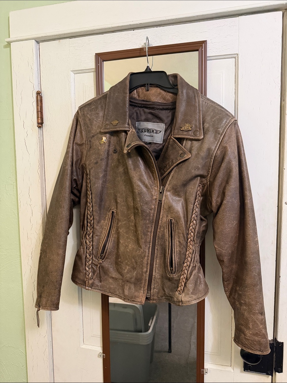 Unik Distressed Brown Braided Leather Biker Jacket